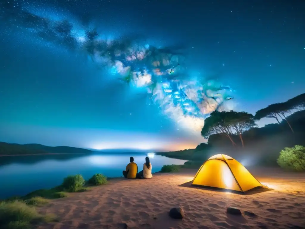 Grupo de amigos disfrutando de una noche mágica acampando bajo las estrellas en Uruguay