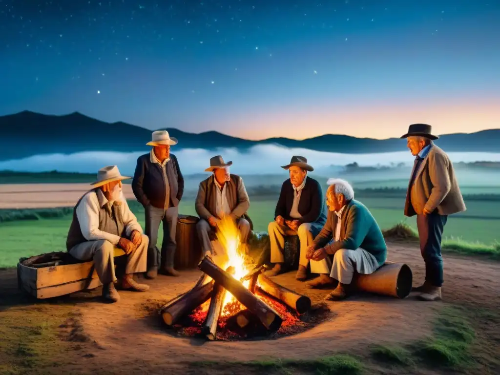 Grupo de ancianos agricultores uruguayos compartiendo cuentos y leyendas alrededor de fogata en el campo bajo cielo estrellado