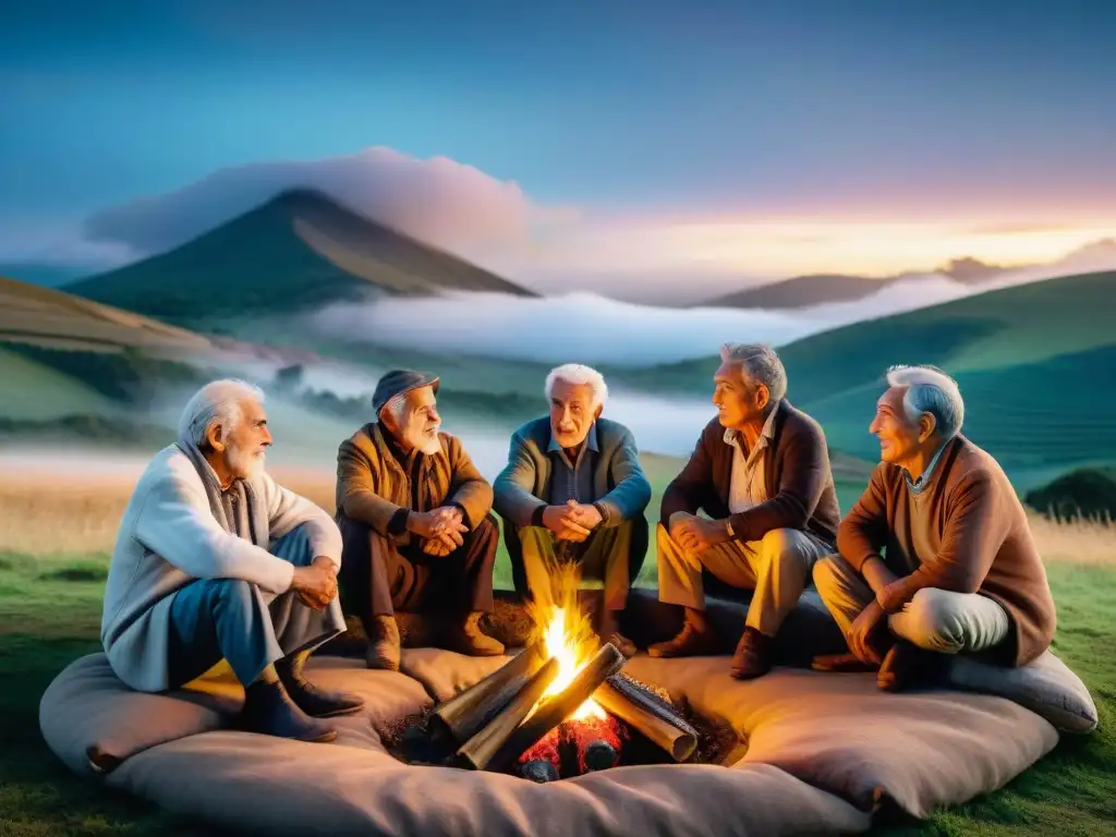 Grupo de ancianos contando cuentos y leyendas en el campo uruguayo, rodeados de diversas generaciones