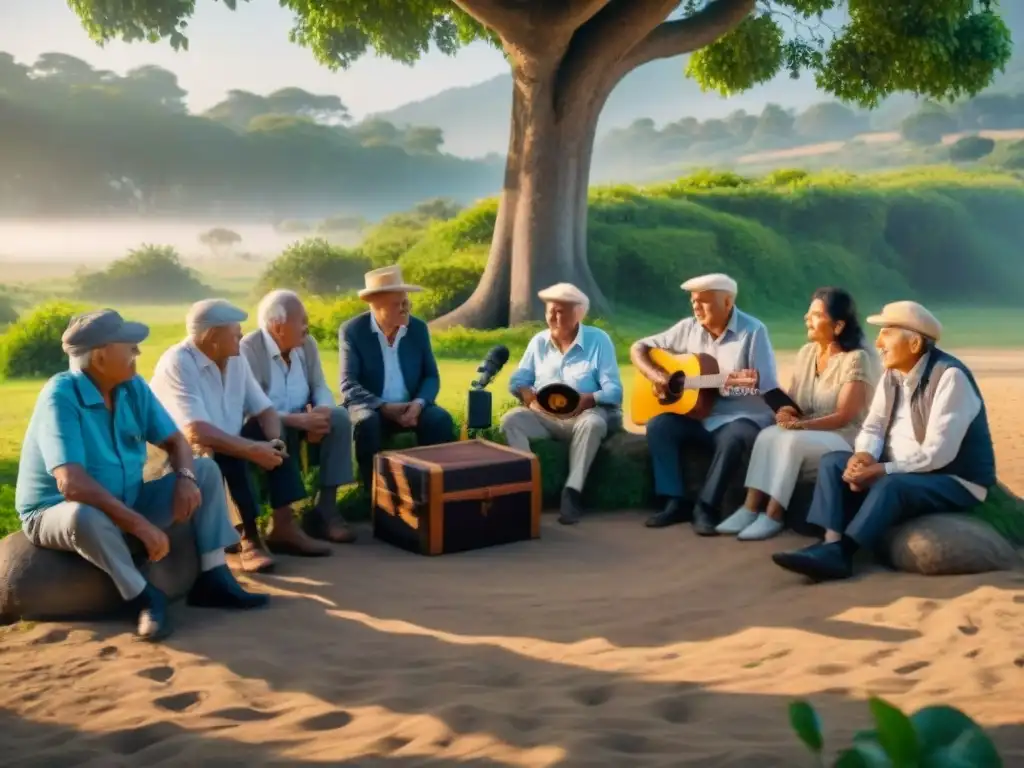 Grupo de ancianos compartiendo relatos orales Uruguay bajo un árbol frondoso