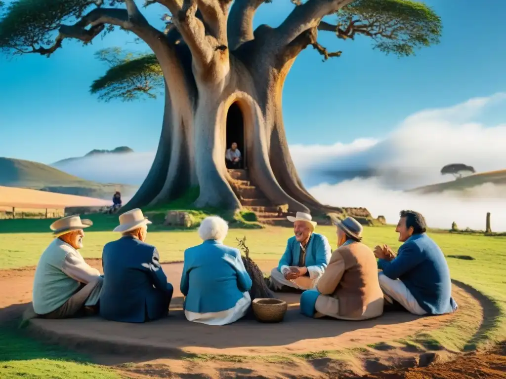 Grupo de ancianos compartiendo relatos orales bajo árbol en aldea uruguaya