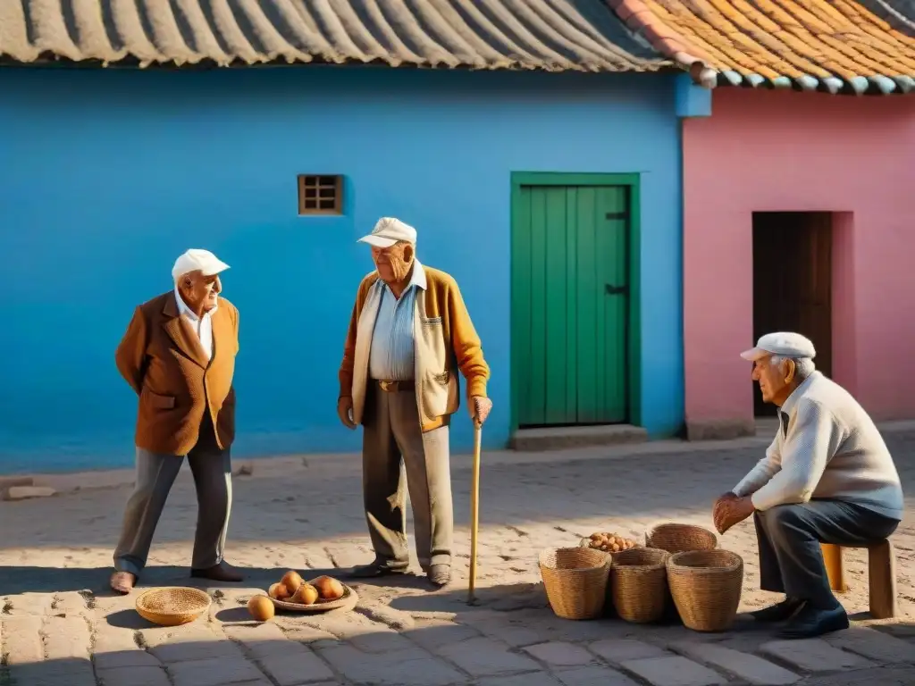 Grupo de ancianos uruguayos juegan bochas en plaza de pueblo, rodeados de edificios coloridos y locales atentos