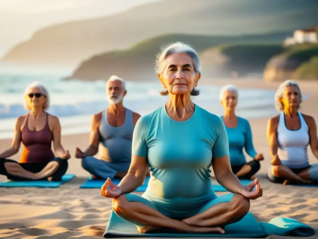 Grupo de ancianos practicando yoga en la playa de Uruguay al amanecer, transmitiendo paz y salud en retiros yoga tercera edad Uruguay