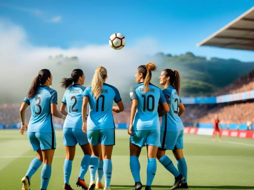 Un grupo apasionado de jugadoras de fútbol femenino en Uruguay, unidas en el campo con determinación y camaradería