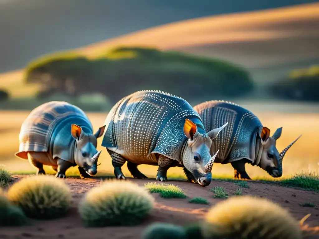 Grupo de armadillos en las praderas uruguayas al atardecer, mostrando las curiosidades del armadillo en Uruguay