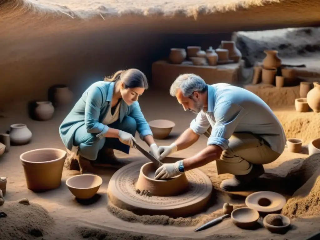 Grupo de arqueólogos descubriendo artefactos antiguos en excavación en Uruguay: vida habitantes