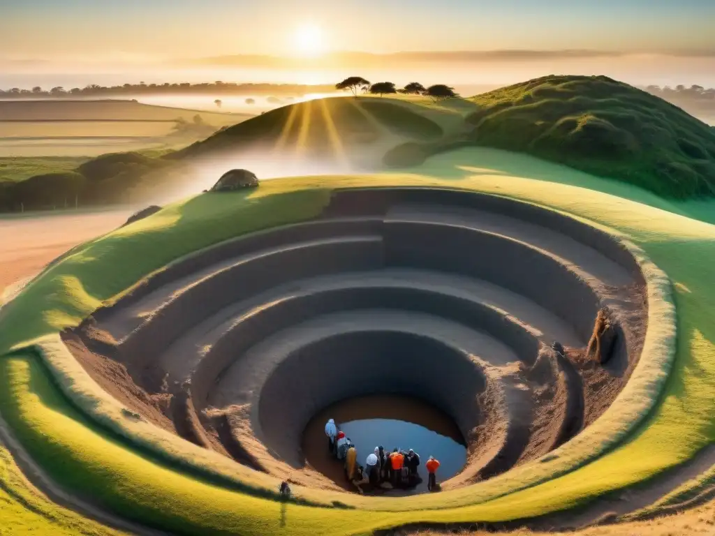 Un grupo de arqueólogos excavando un montículo en Uruguay al atardecer, revelando historia