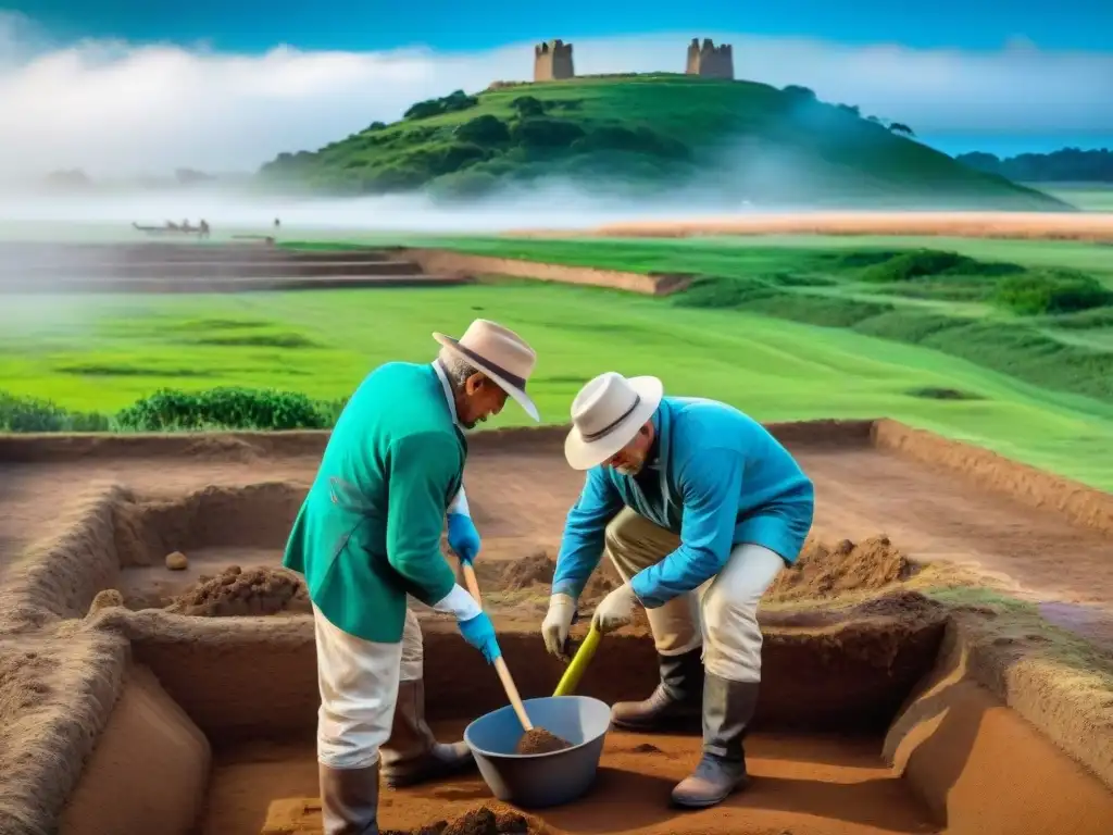 Grupo de arqueólogos excavando un sitio histórico en Uruguay, con paisaje verde y cielo azul