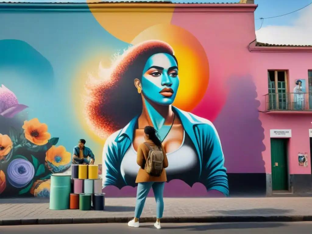 Grupo de artistas callejeras creando mural vibrante en Uruguay, simbolizando empoderamiento femenino