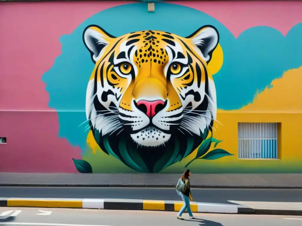 Grupo de artistas callejeros creando un mural de un jaguar en Montevideo