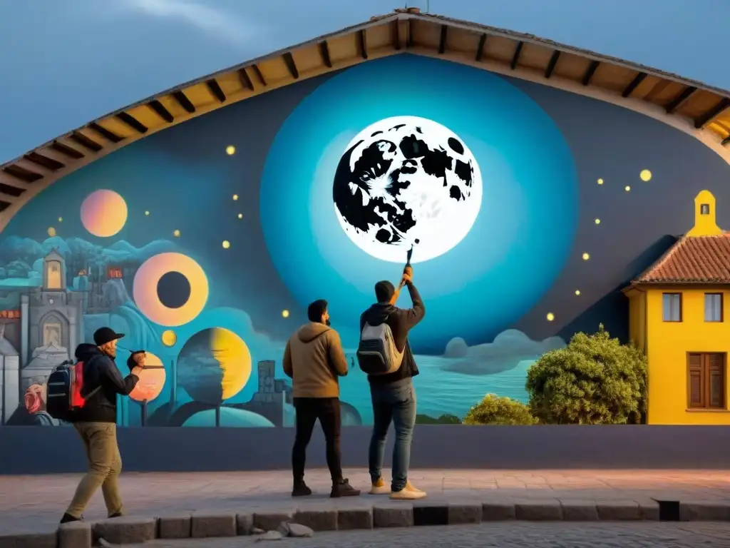 Un grupo de artistas urbanos en Uruguay creando murales vibrantes bajo la luz de la luna