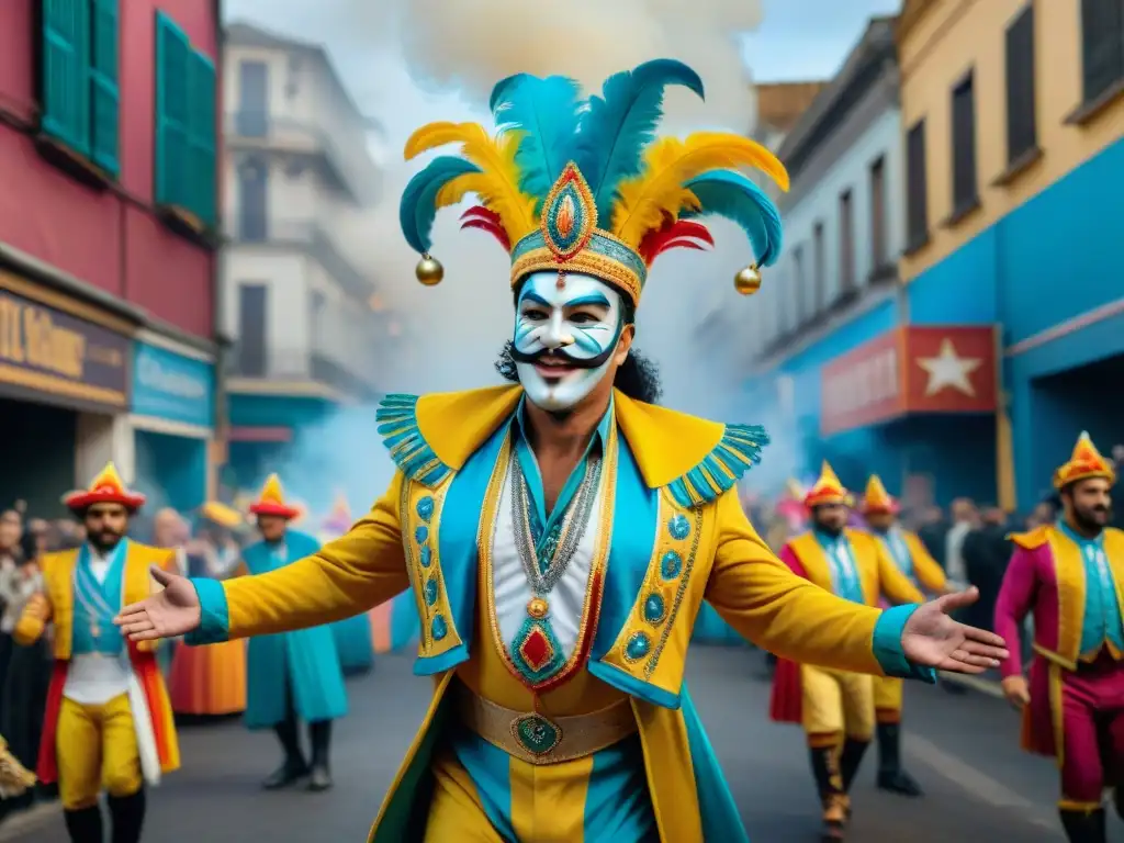 Grupo de artistas en vibrante Carnaval Uruguayo, tradición y futuro, danzando y celebrando con la multitud