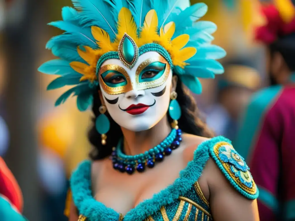 Un grupo de artistas en vibrantes trajes de Carnaval Montevideo tradición colorida