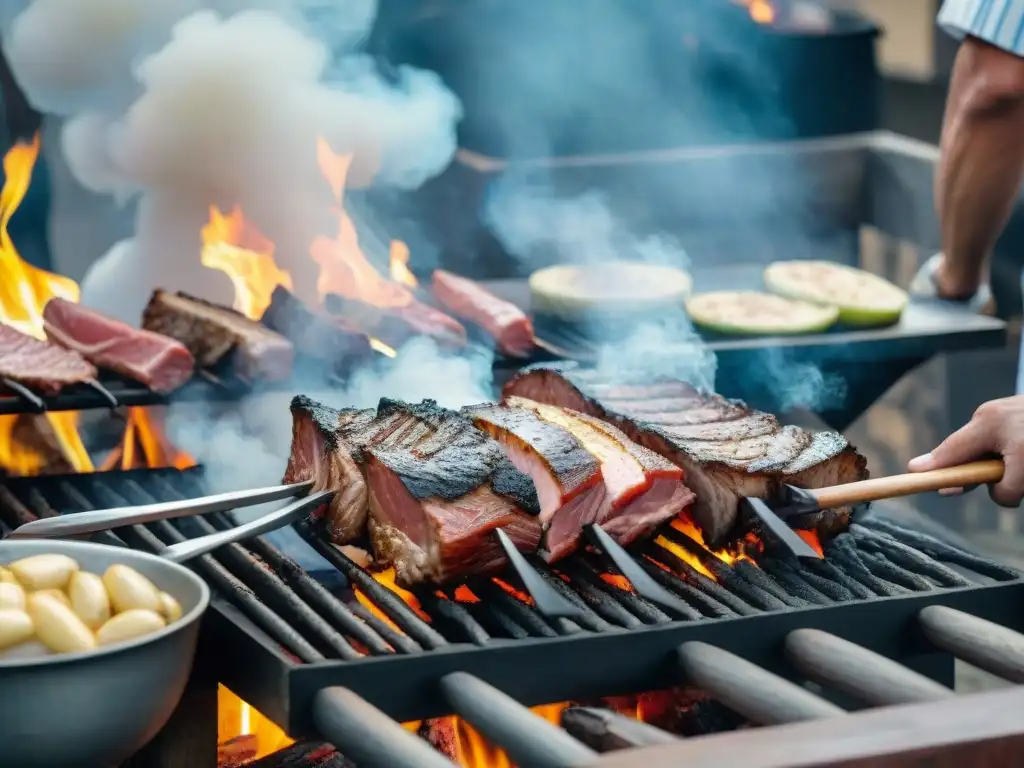 Grupo de asadores uruguayos expertos preparando cortes de carne en una parrilla de leña, mostrando la pasión de la parrillada uruguaya