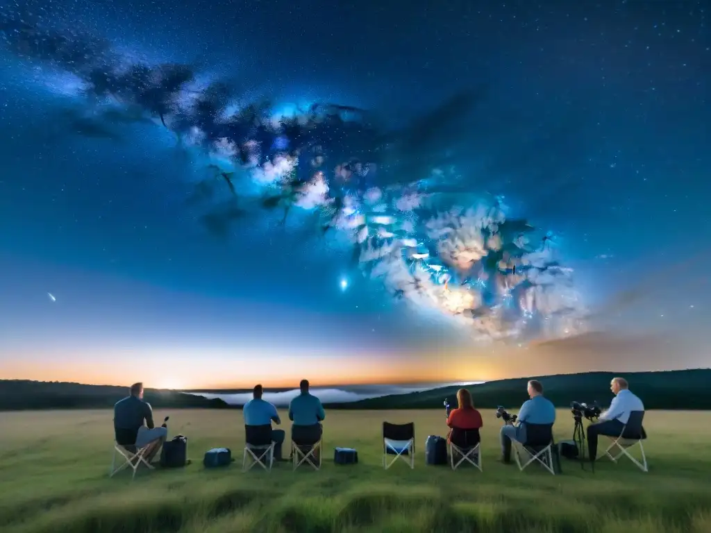 Grupo de astrónomos aficionados preparando telescopios en campo uruguayo para observación estrellas