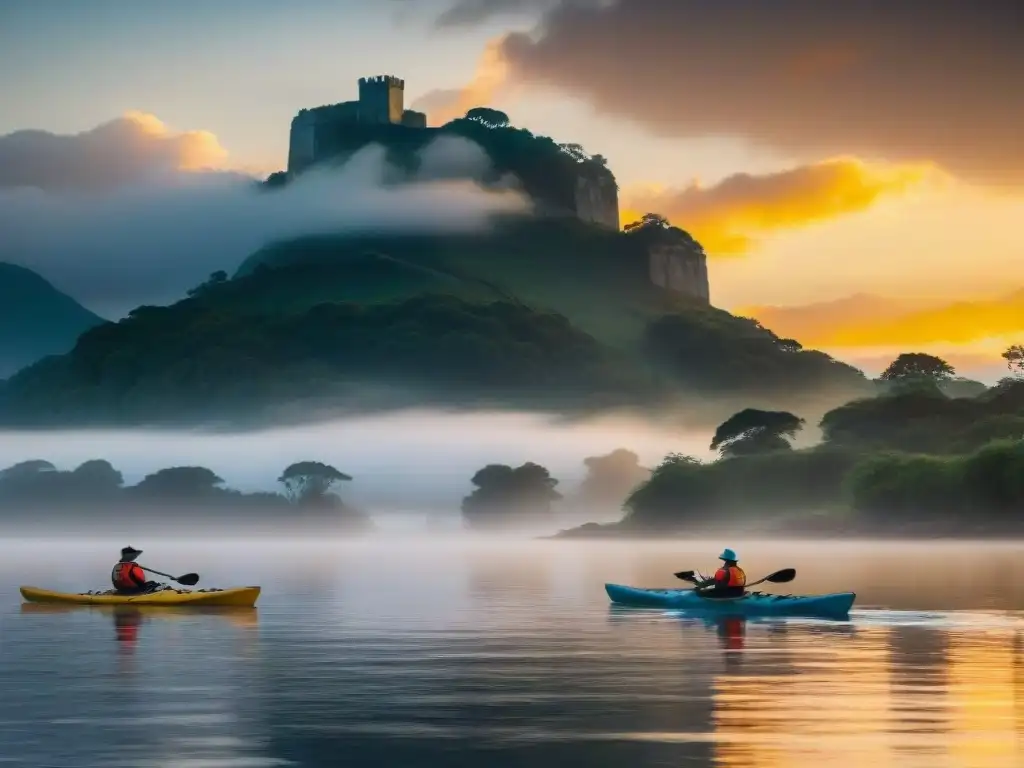 Un grupo de kayaks para expedición en Uruguay se adentra al atardecer en el tranquilo río, bajo un cielo dorado y colorido