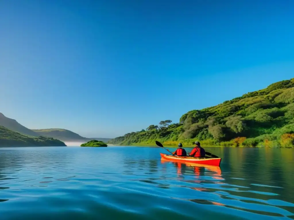 Grupo de kayakers disfrutando de la aventura en Laguna Garzón, rodeados de naturaleza exuberante y tranquilidad en Uruguay