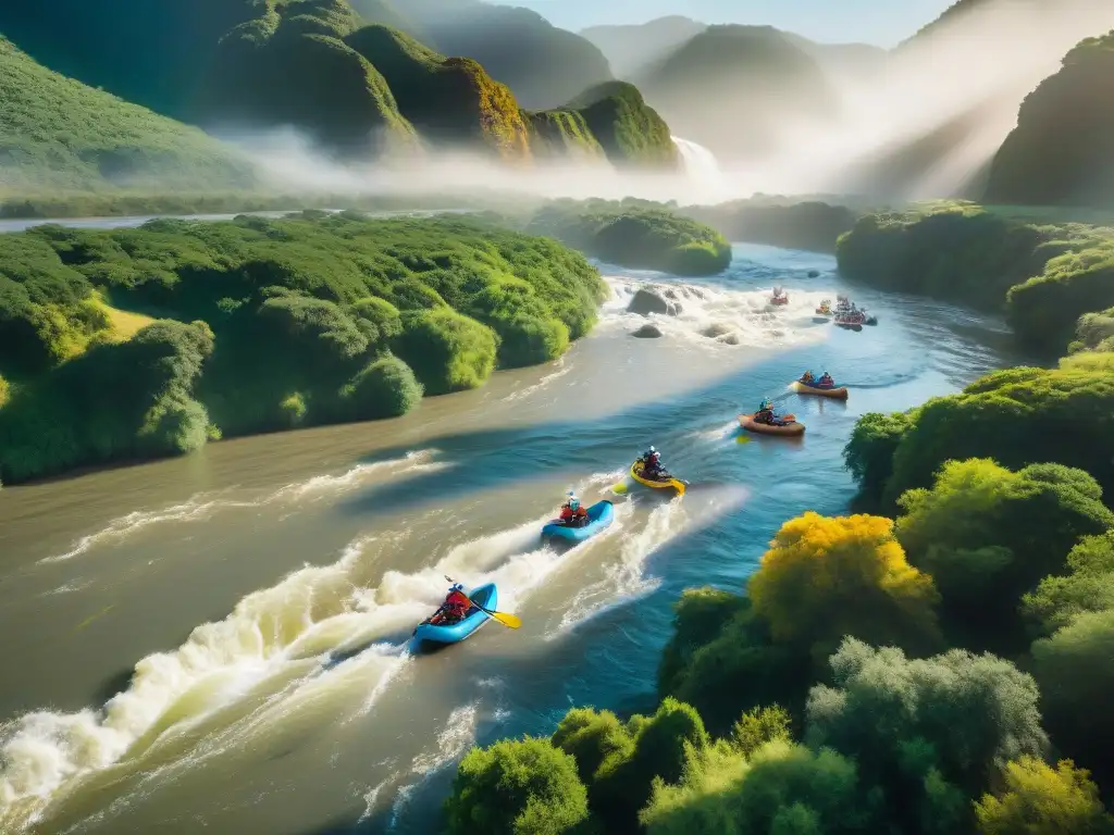 Grupo de aventureros en balsas coloridas surcando aguas turbulentas en el Río Uruguay