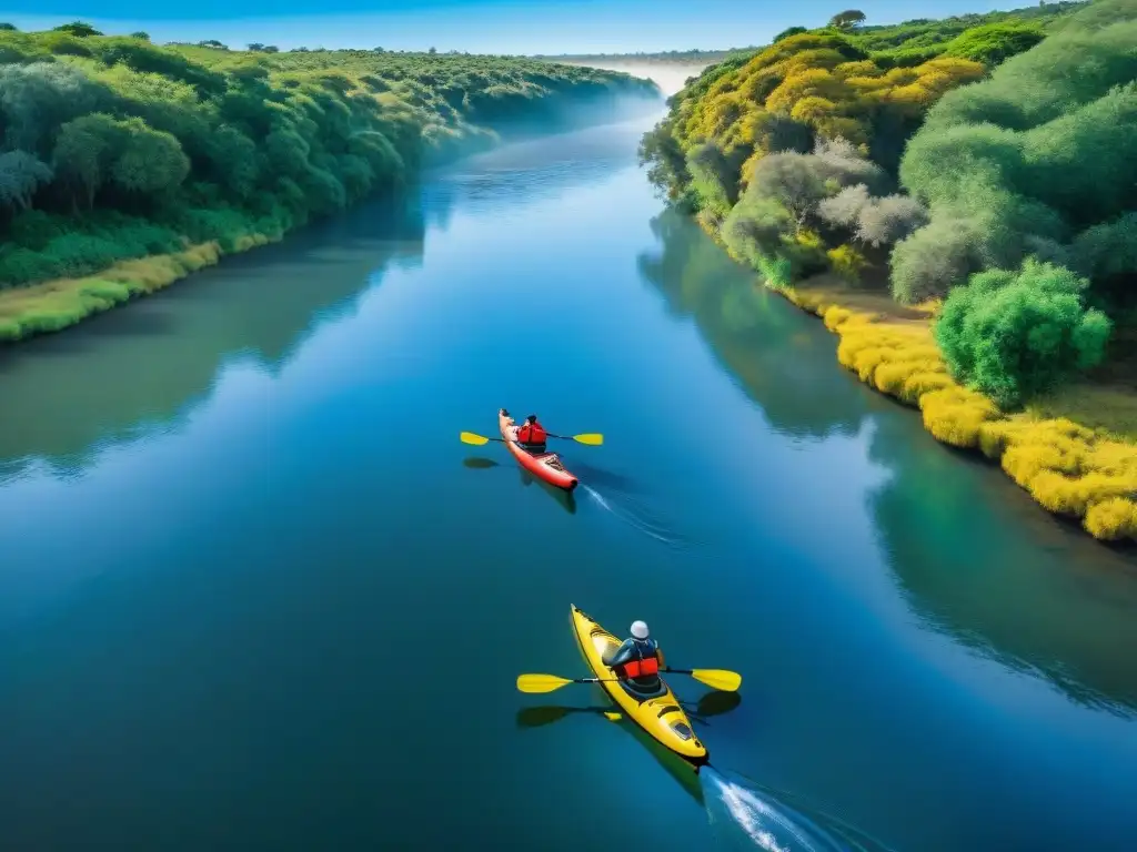 Grupo de aventureros remando en botes inflables por ríos de Uruguay, rodeados de naturaleza exuberante y agua brillante bajo cielo azul