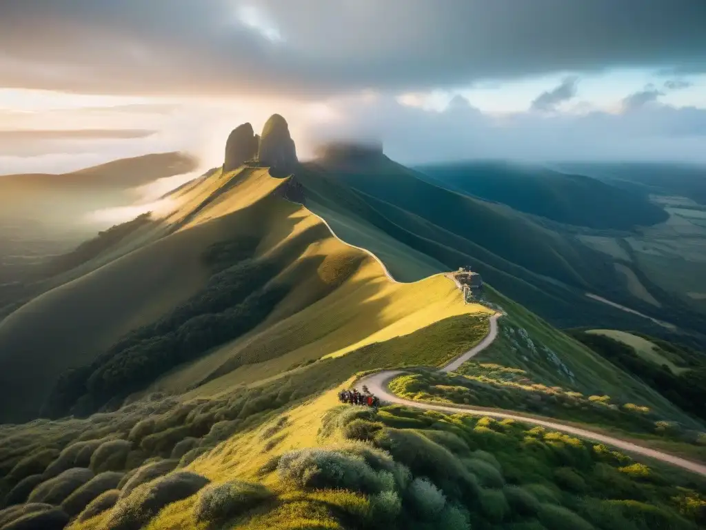 Un grupo de aventureros descansando en la cima de una montaña en Uruguay, rodeados de vistas panorámicas impresionantes