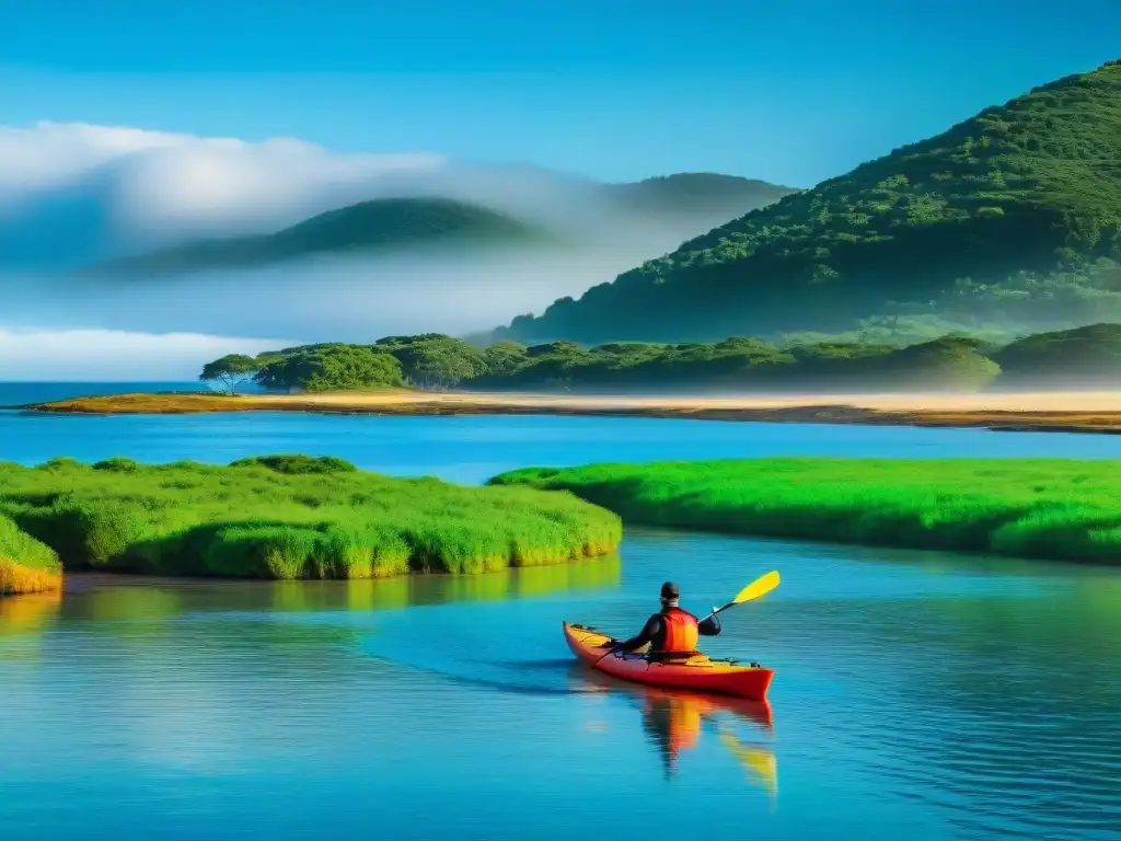 Grupo de aventureros remando en kayak por la costa de Uruguay, bajo un cielo azul y paisajes vibrantes