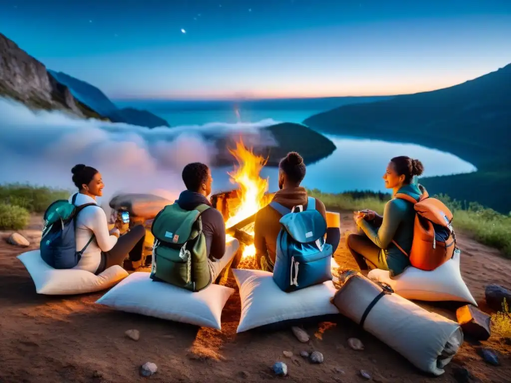 Grupo de aventureros disfrutando la noche en campamento con equipo ergonómico