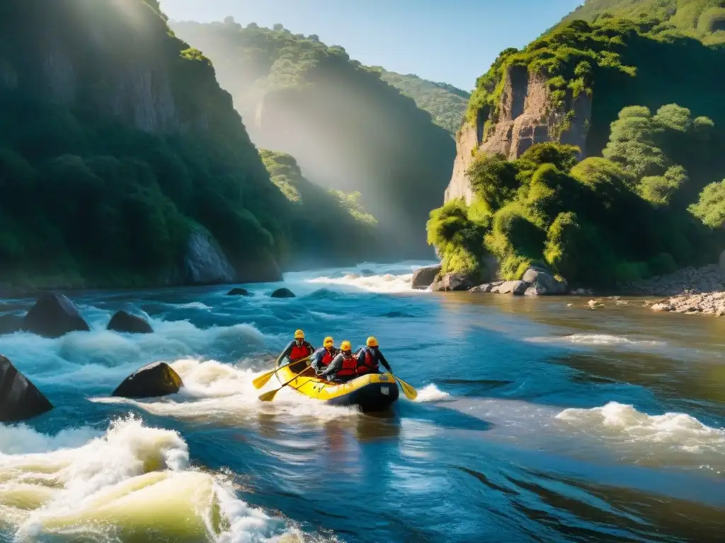 Un grupo de intrépidos aventureros haciendo rafting en el Río Uruguay, rodeados de exuberante vegetación y acantilados rocosos