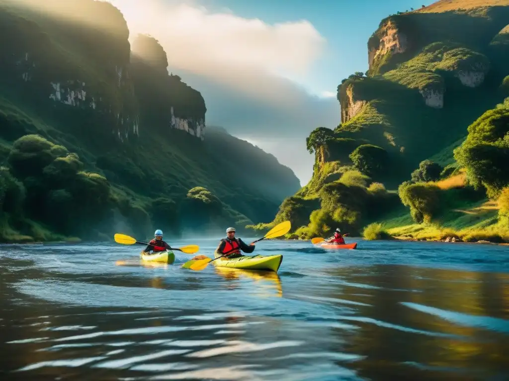 Grupo de aventureros en kayak surcando un río en Uruguay, rodeados de naturaleza exuberante