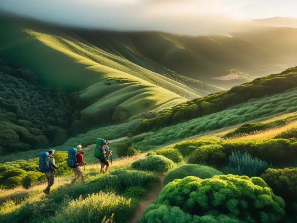 Un grupo de aventureros recorriendo un sendero en Uruguay, con mochilas y equipo al aire libre, perfecto para cabañas en Uruguay para aventureros