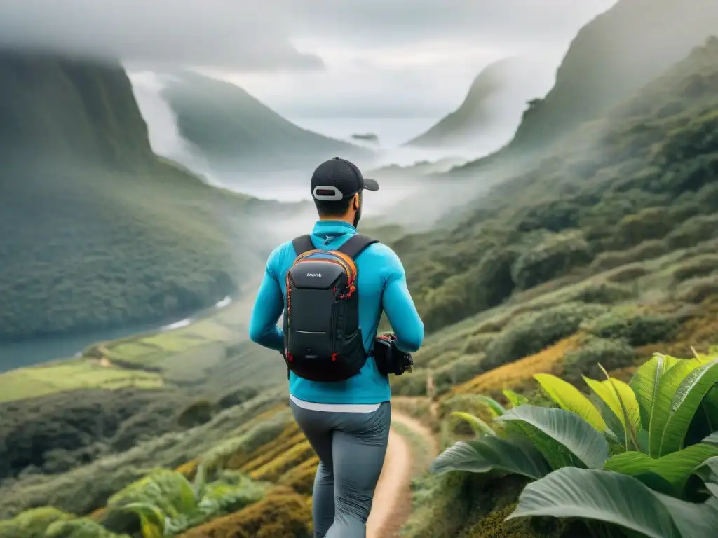 Exploradores tech en Uruguay: aventura y tecnología en paisajes exuberantes Grupo de aventureros con tecnología wearable explorando Uruguay