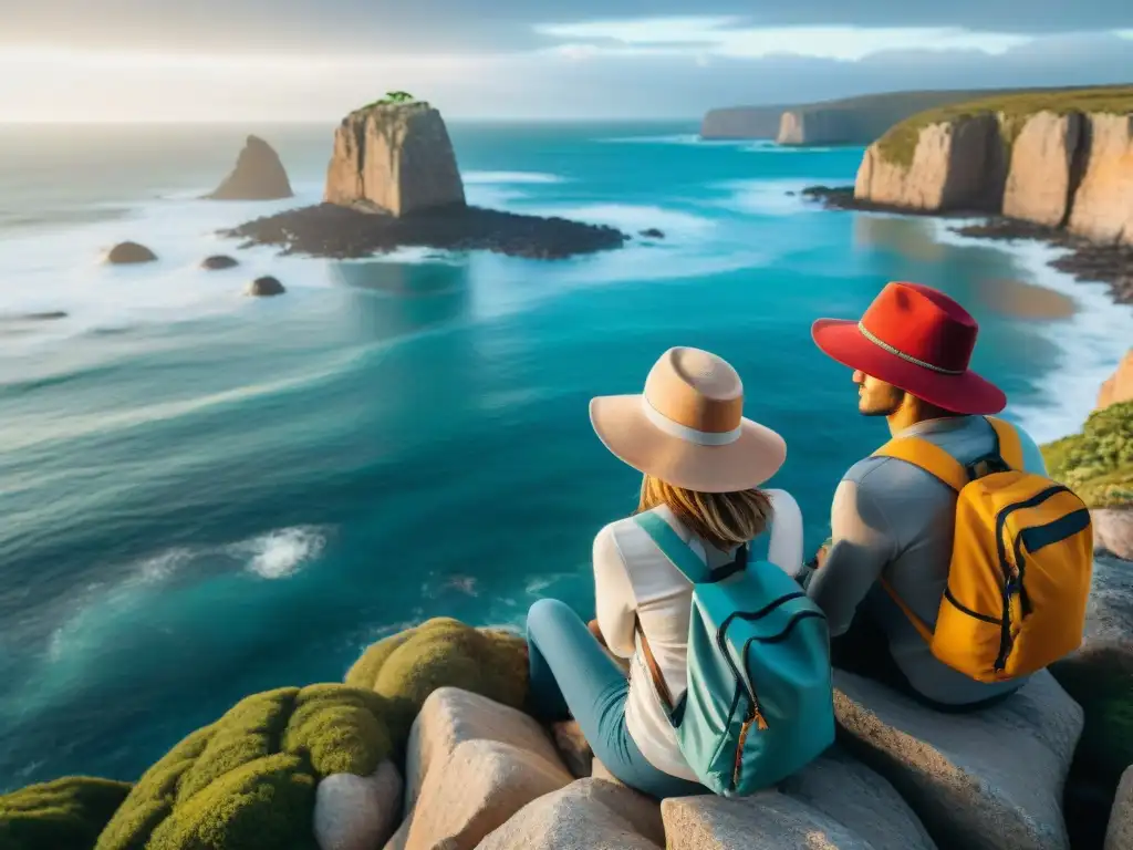 Un grupo de aventureros uruguayos con gorras para protegerse del sol, admirando el paisaje costero