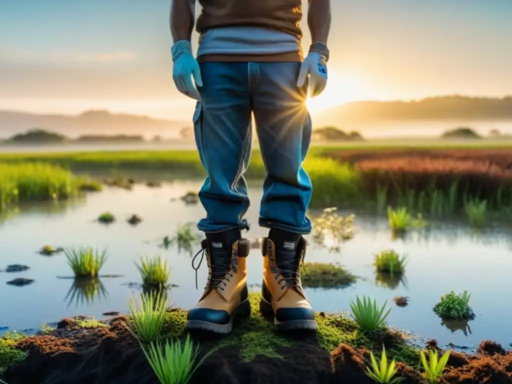 Grupo de aventureros del voluntariado ambiental en Uruguay restaurando humedal al atardecer