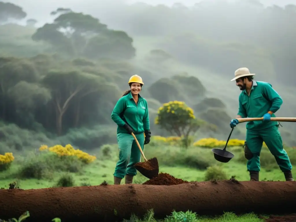 Un grupo de aventureros voluntarios en Uruguay plantando árboles en un bosque verde