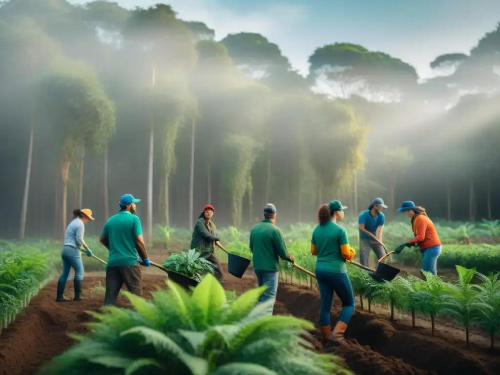 Grupo de aventureros voluntarios plantando árboles en un bosque verde de Uruguay