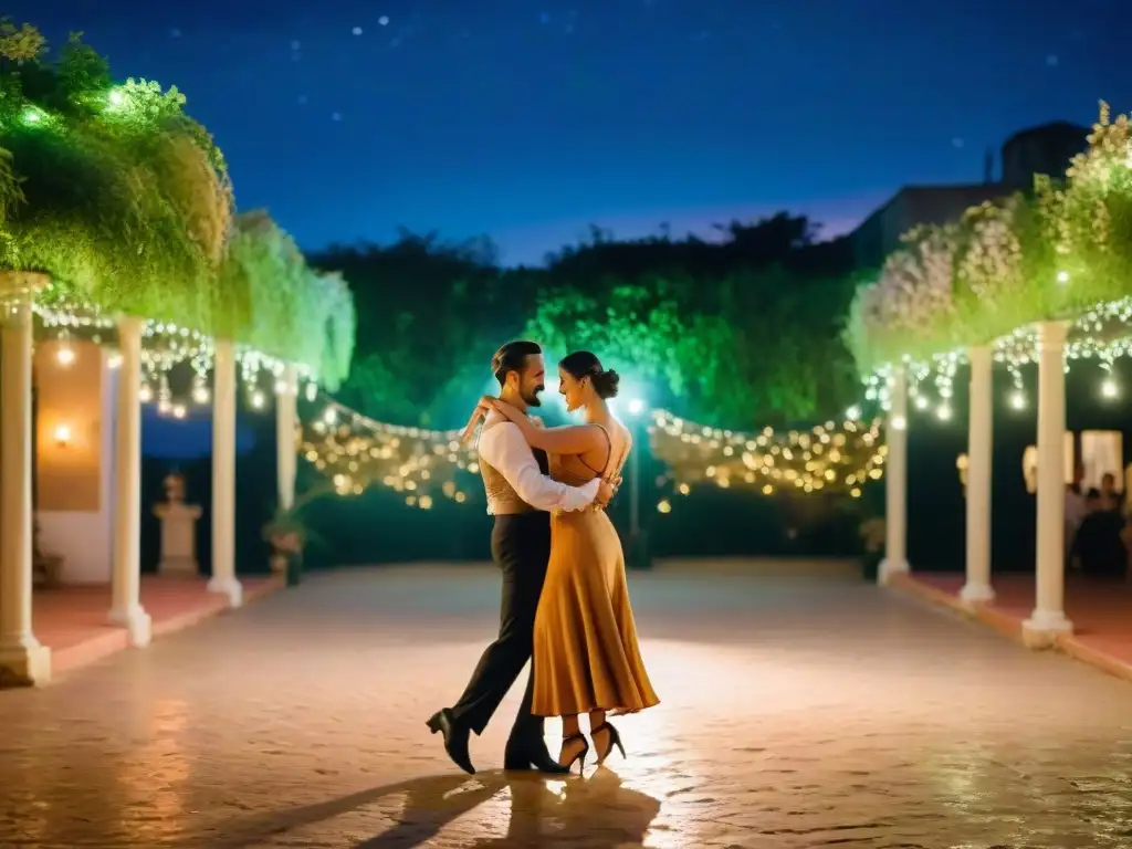Grupo de bailarines apasionados danzando el tango bajo las estrellas en Uruguay, en una milonga mágica