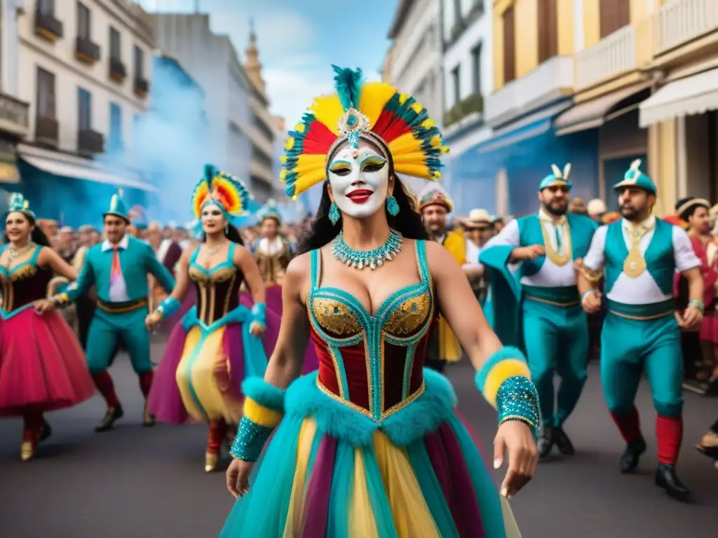 Grupo de bailarines del Carnaval Uruguayo tradición y futuro danzando en Montevideo