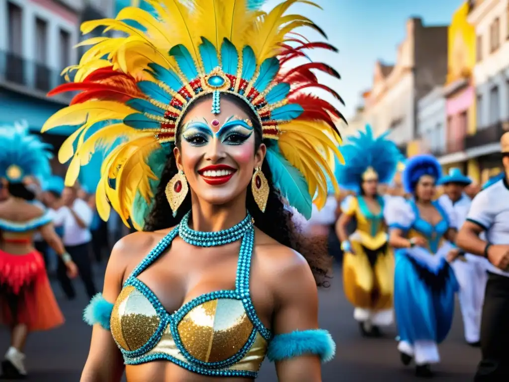 Grupo de bailarines del Carnaval Uruguayo tradición y futuro, con trajes coloridos y plumas, danzando con alegría en Montevideo