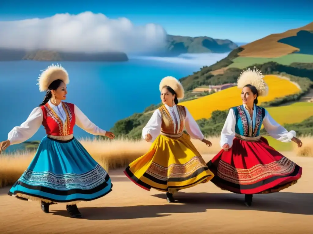 Grupo de bailarines de danza folclórica uruguaya tradicionales, con trajes coloridos y detallados en escenario rural