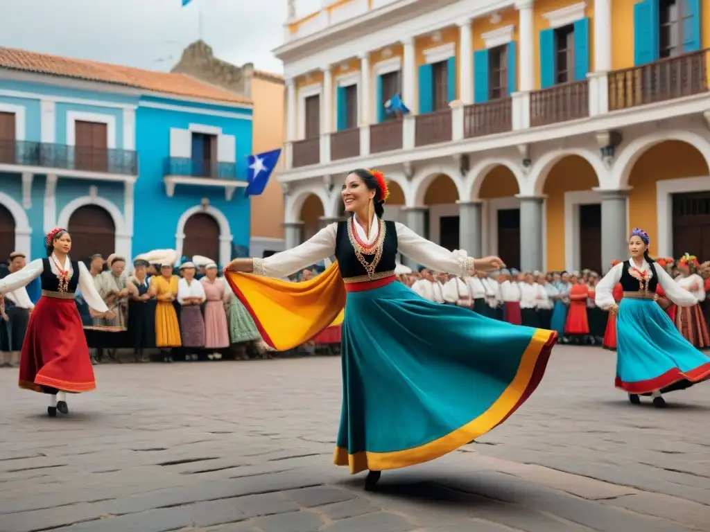 Grupo de bailarines de danza folclórica uruguaya tradicionales en plaza animada, expresando pasión y alegría en compleja coreografía