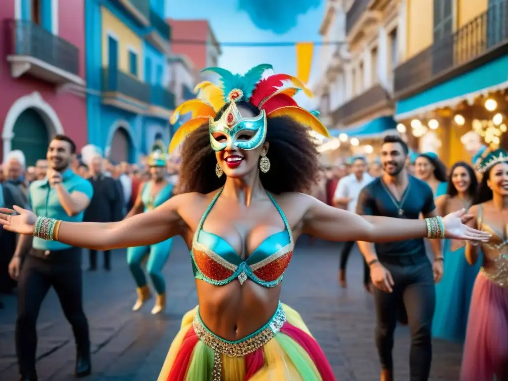 Grupo de bailarines enmascarados danzando en el vibrante Carnaval Uruguayo tradición y futuro