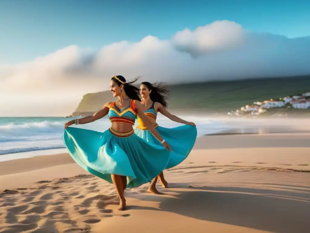 Baile tradicional uruguayo al atardecer en la playa Grupo de bailarines tradicionales uruguayos danzando con alegría en la playa al atardecer, capturando la esencia de la danza en la playa Uruguay