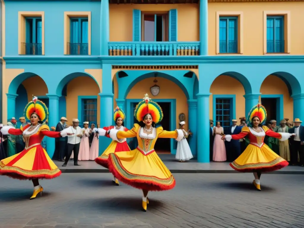 Grupo de bailarines con trajes coloridos danzando frente al Museo del Carnaval en Uruguay