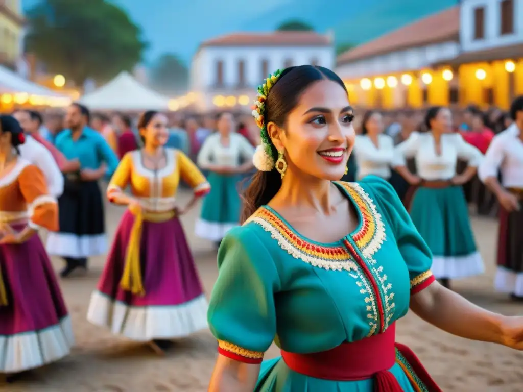 Grupo de bailarines en trajes coloridos durante festival cultural en San José, turismo cultural Uruguay