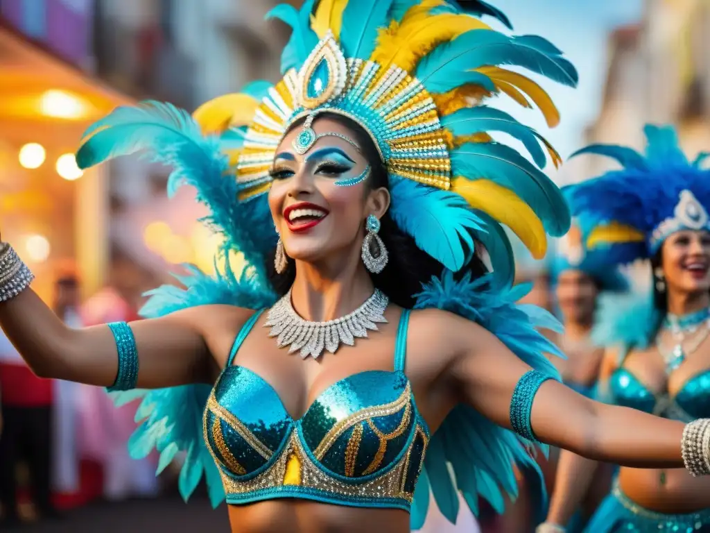 Grupo de bailarines en trajes llamativos durante el vibrante Carnaval uruguayo tradición arte cultura