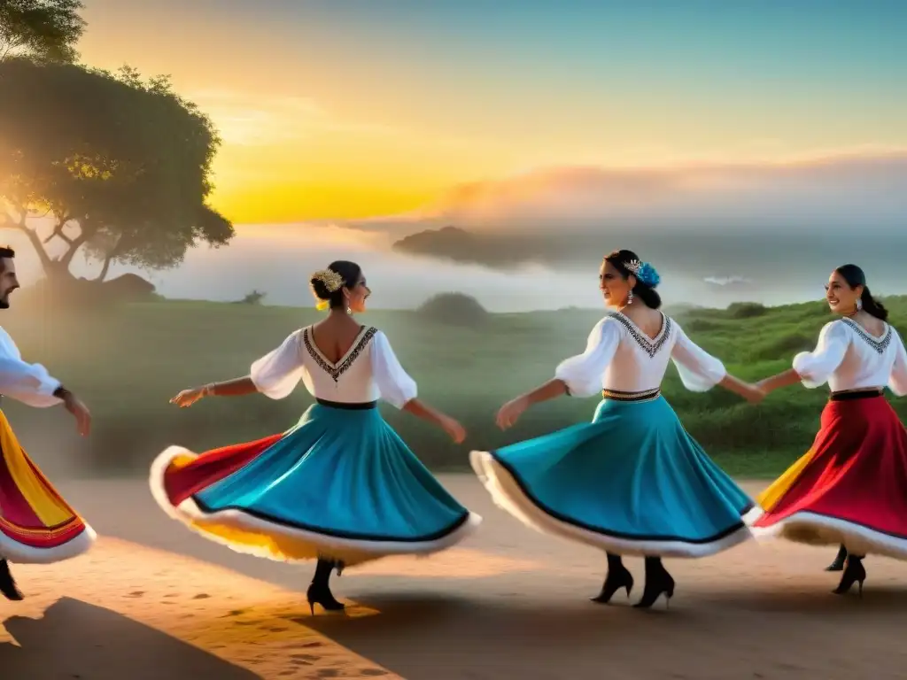 Un grupo de bailarines en trajes tradicionales uruguayos ejecutando el animado baile chamamé al atardecer