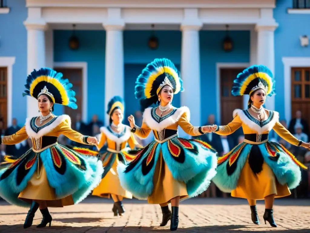 Exquisita danza tradicional uruguaya: color, destreza y patrimonio cultural Grupo de bailarines uruguayos ejecutando la danza tradicional frente a un edificio colonial, resaltando la cultura de Termas Uruguay