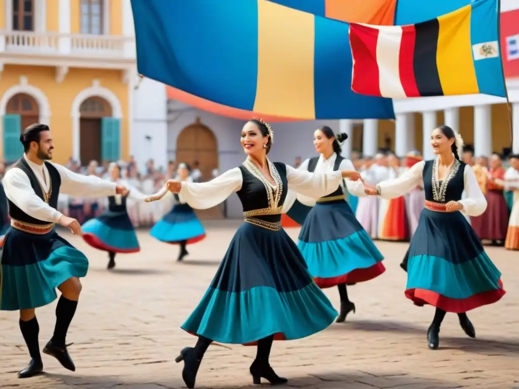 Grupo de bailarines uruguayos danzando folclor en plaza vibrante