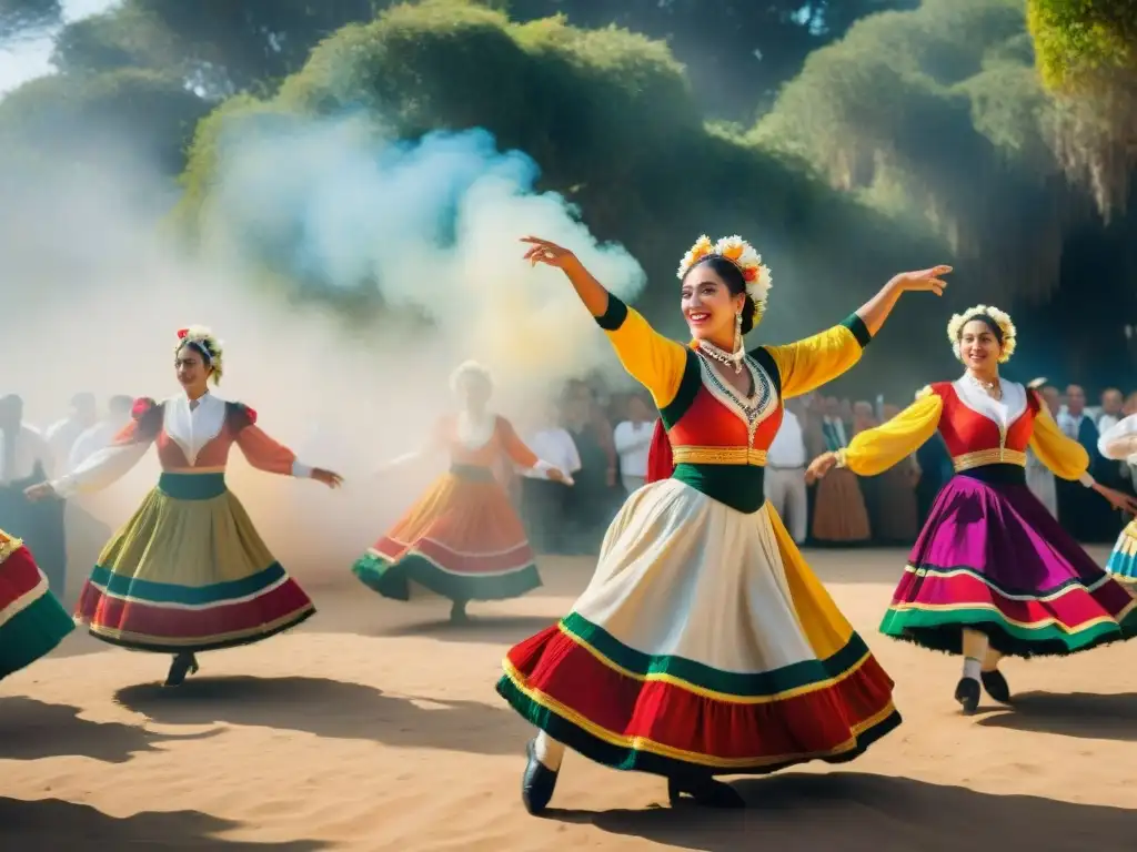 Grupo de bailarines uruguayos en trajes coloridos danzando folclore con energía en la naturaleza