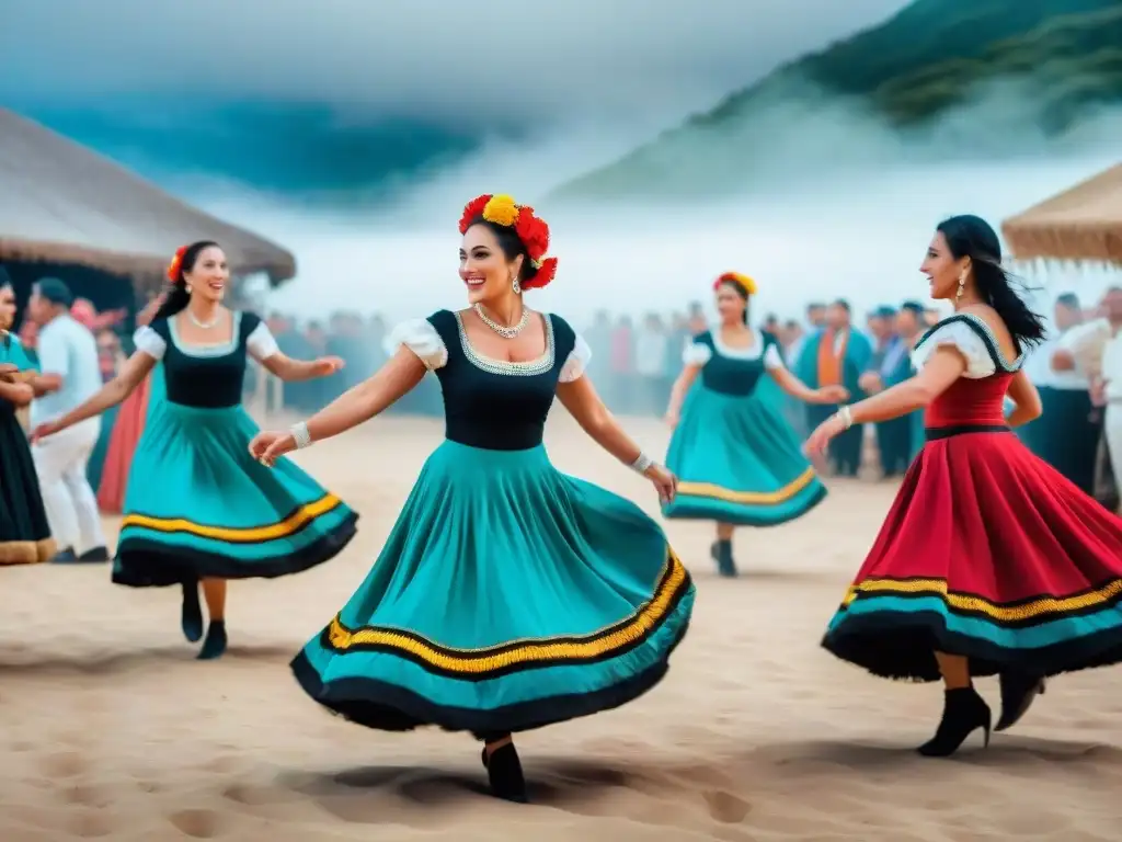 Grupo de bailarines vibrantes en vestimenta tradicional de Uruguay capturados en movimiento durante una festividad tradicional