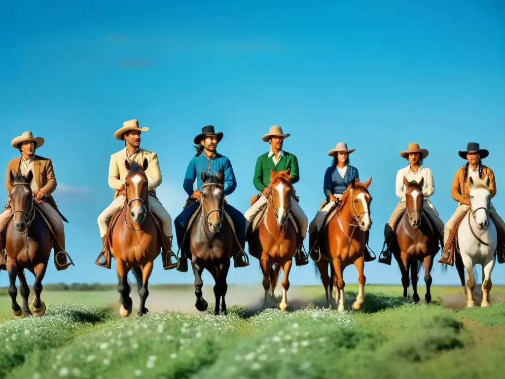 Un grupo de gauchos explorando Uruguay a caballo por las extensas llanuras, con una conexión única a la tierra